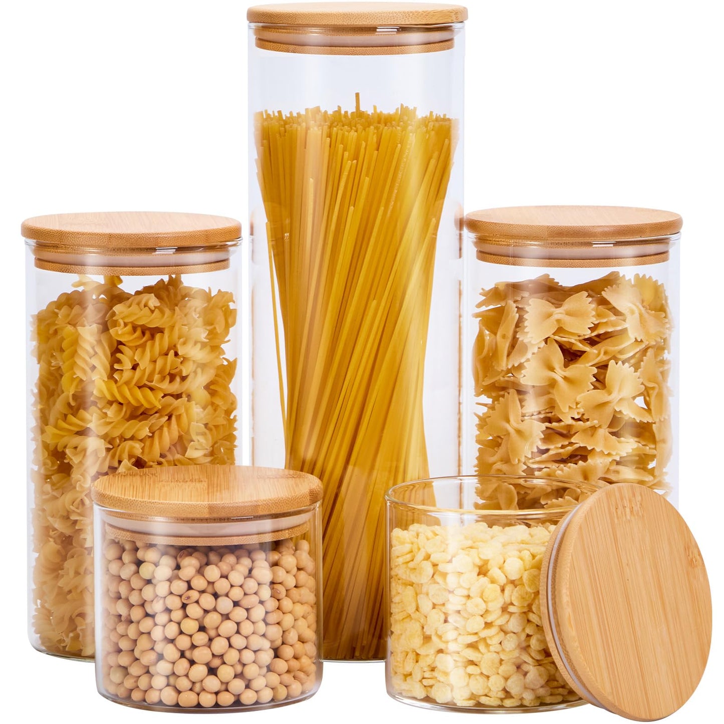 Spreccio Glass Food Storage Jars with Lids[Set of 5], Perfect for Pasta, Cookies, Nuts, Coffee, Cereal, Flour, and More, Organize Your Kitchen and Pantry with these BPA-Free Glass Canisters