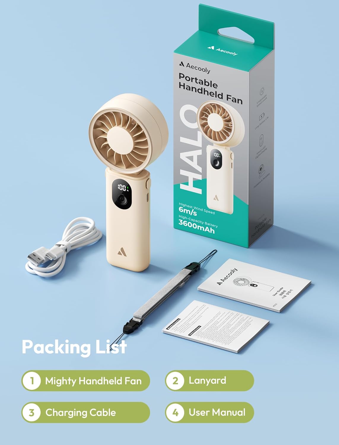 Aecooly Portable Handheld Fan - 20H Max Cooling Time | 5 Speed Settings | USB Rechargeable - Beige