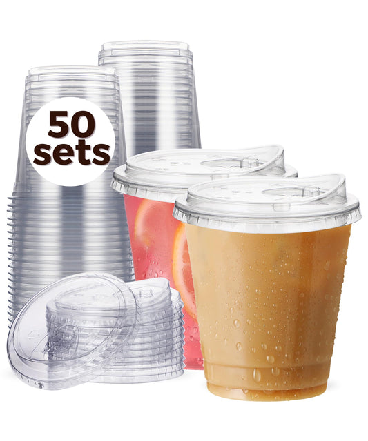 12 oz Clear Plastic Cups with Strawless-Sip-Lids, 50 Sets Disposable Cups Plastic Iced Coffee Cups, To Go Cups with Sip Through Lids for Smoothie, Milkshake, Cold Drinks for Party, Wedding, Event