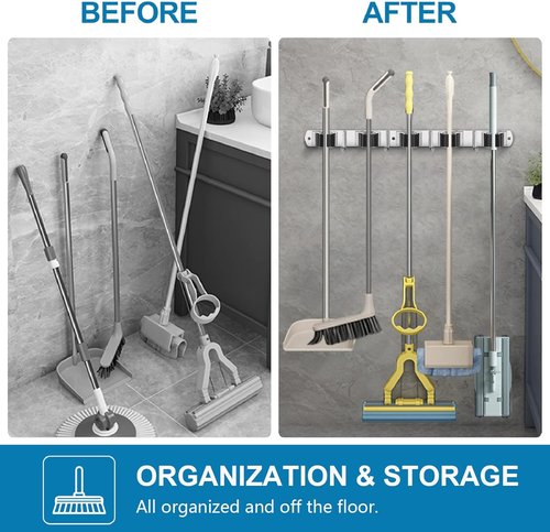 IMILLET Wall Mount Broom Holder - Stainless Steel Organizer with 5 Racks & 4 Hooks | Heavy Duty Storage Solution for Laundry Room & Garage