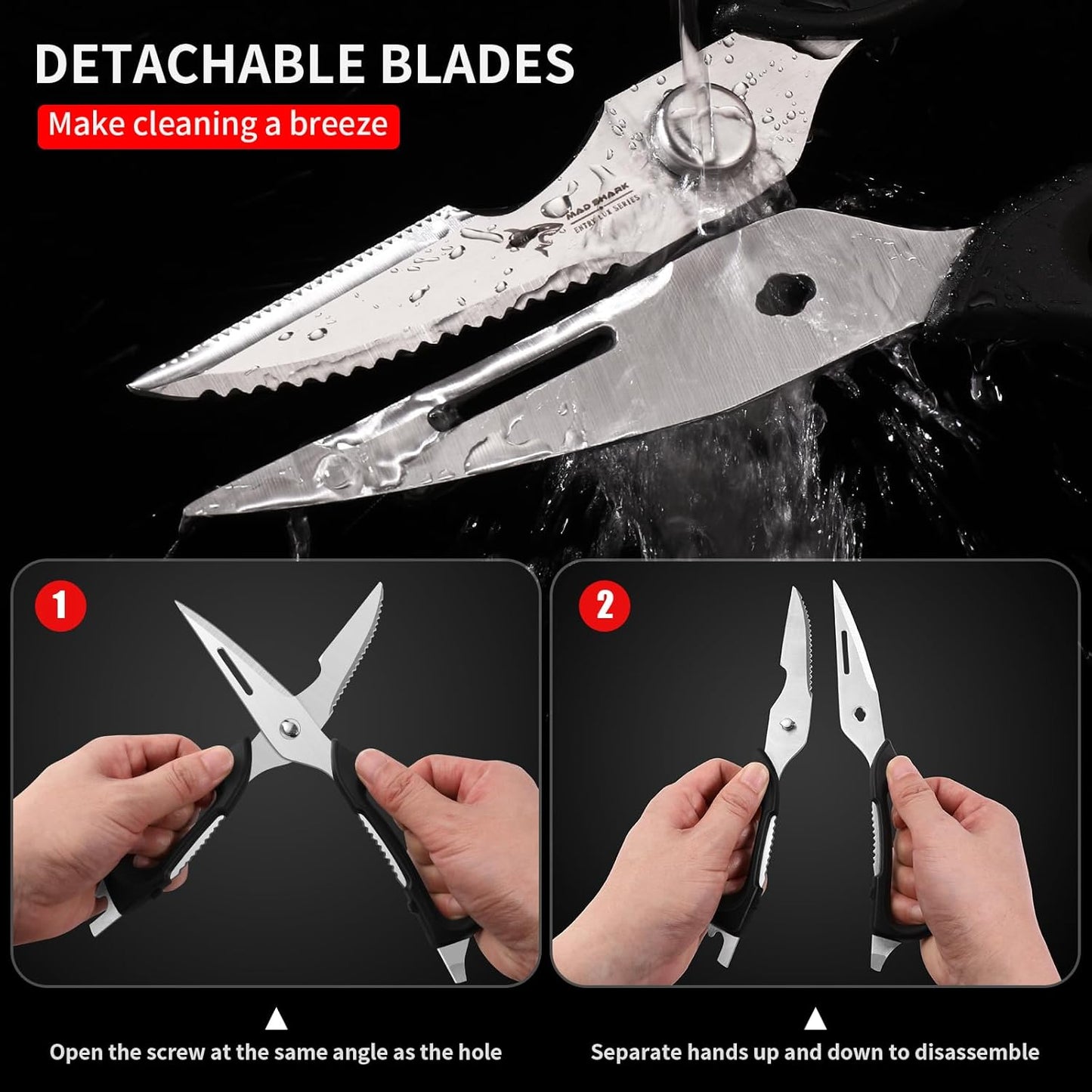 MAD SHARK Kitchen Scissors - Heavy Duty Stainless Steel Utility Shears with Comfort Grip | Black