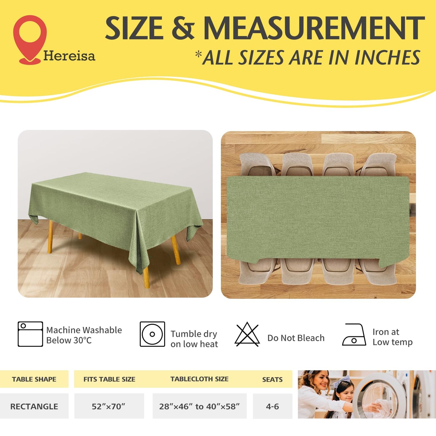 Linen Textured Rectangle Tablecloth, Waterproof & Stain Resistant Fabric Table Cloth, Wrinkle Free Linen Dining Decorative Farmhouse Table Cover for Dining/Buffet/Wedding, 52 x 70 Inch, Sage Green
