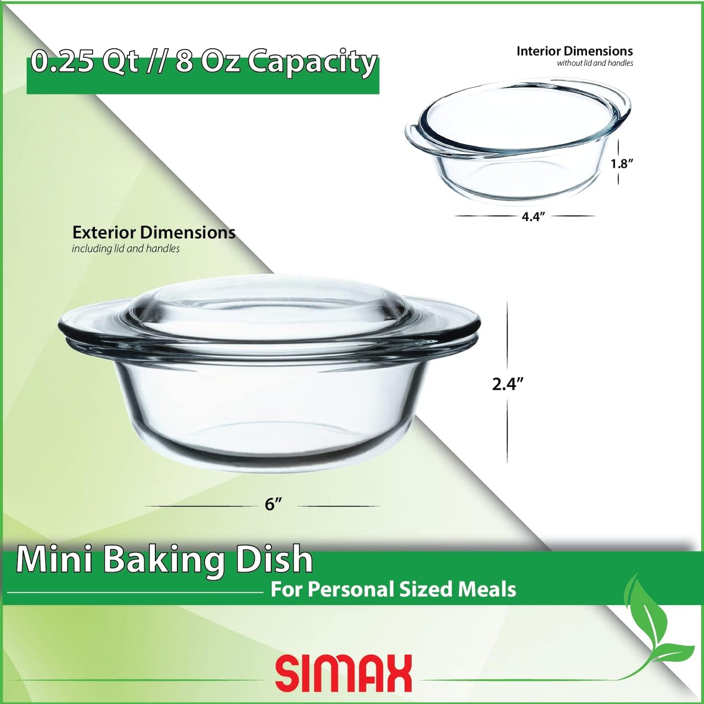 Simax Mini Glass Casserole Dish with Lid - 6.4 Oz Oven to Table Cookware | Microwave & Dishwasher Safe
