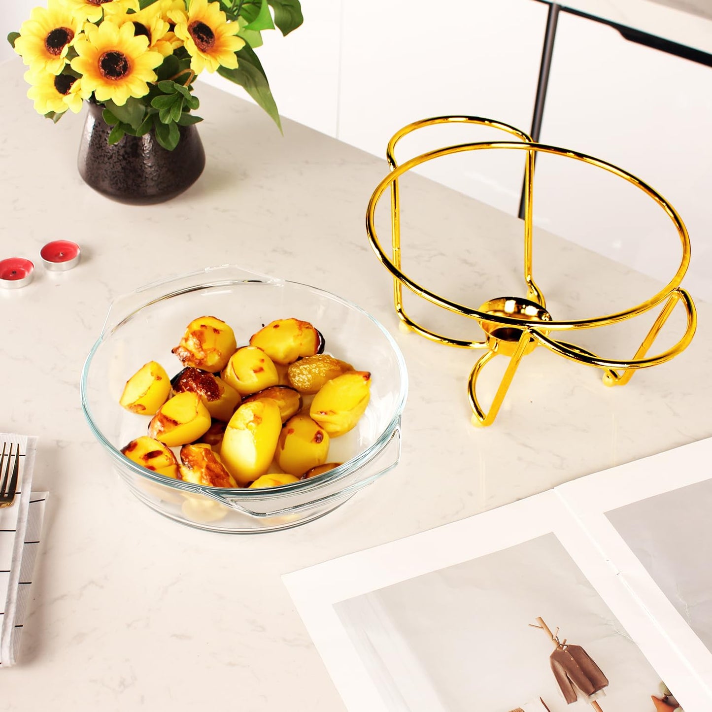 jinsongdafa Casserole Dish 9" Glass Baking Dish with Stainless steel Lid and Golden rack, 1.5 Qt round Baking Pan For Casserole & Lasagna, Microwave Dishwasher Freezer Oven Safe