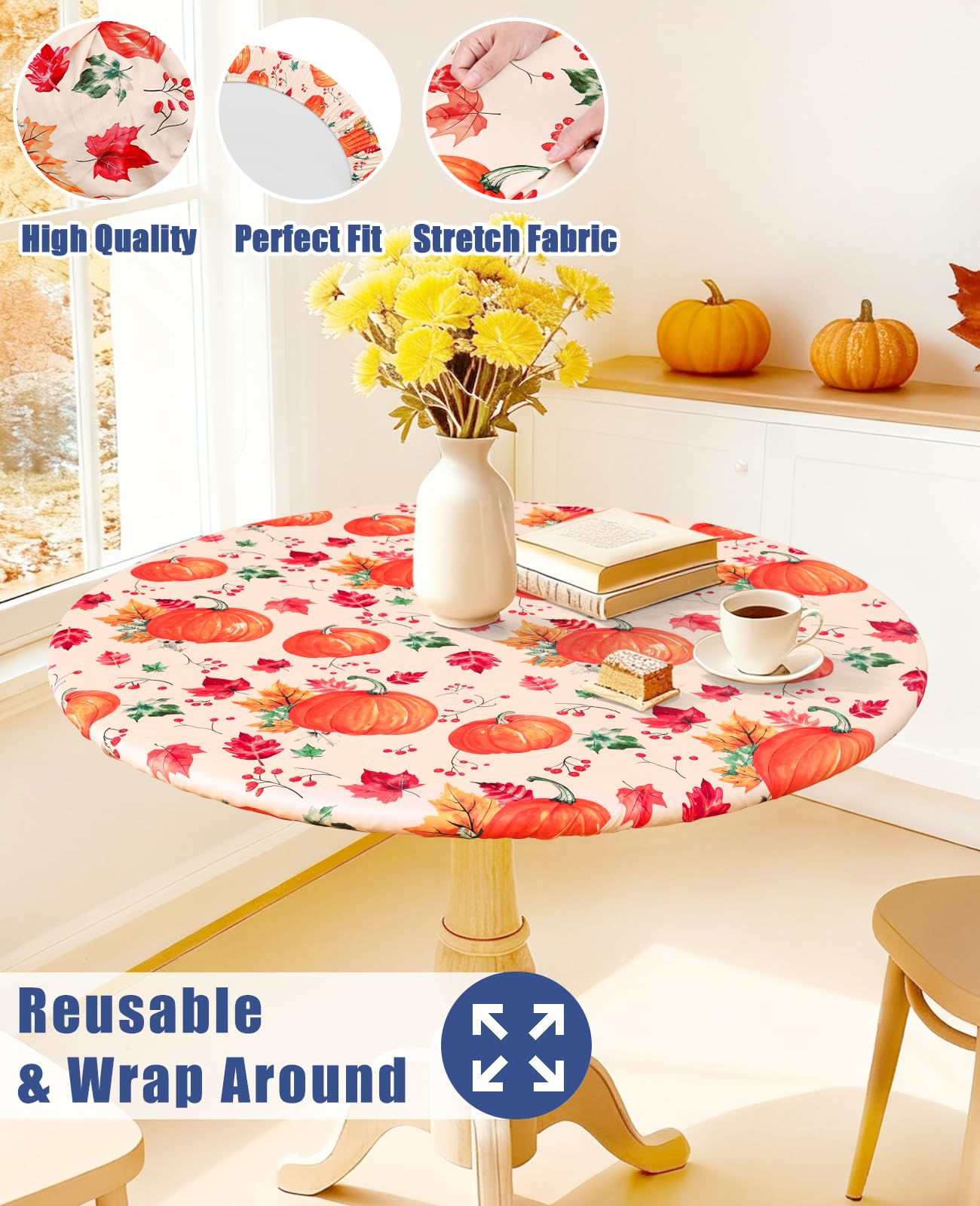 Moosfor Round Spandex Thanksgiving Tablecloth, Elastic Fitted Waterproof Tablecloths for 45"-56" Tables, Stretch Washable Picnic Table Cover for Autumn Harvest Parties, Pumpkin Leaf