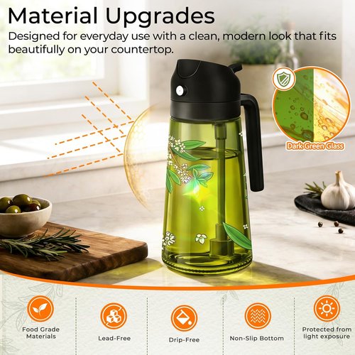 COOLMI Olive Oil Sprayer - 2-in-1 Food-Grade Glass Dispenser Set, 16oz/470ml, Black