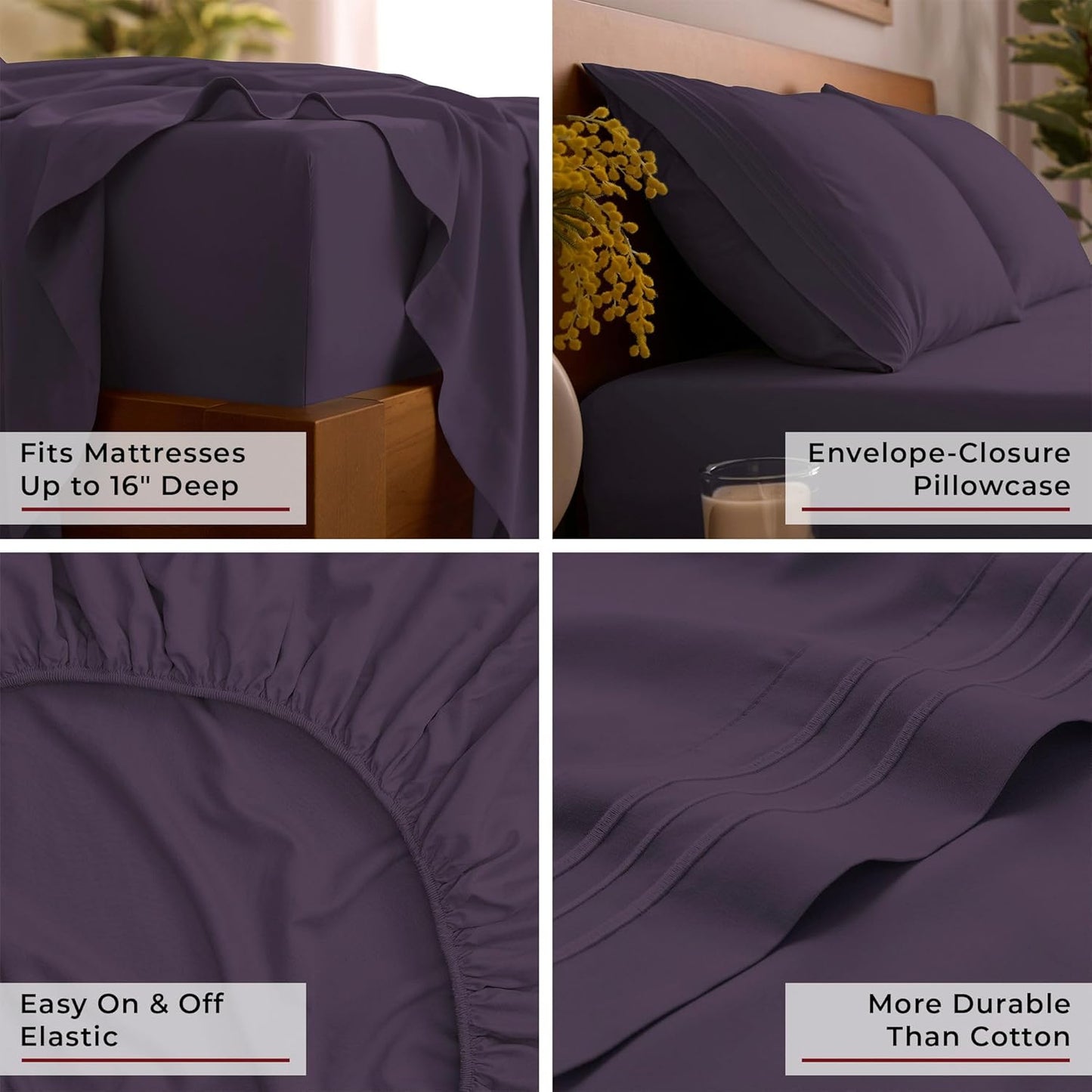 Mellanni Full Sheets Set - 4 PC Hotel Luxury Bedding | Extra Soft, Cooling, Wrinkle-Resistant (Full, Purple)