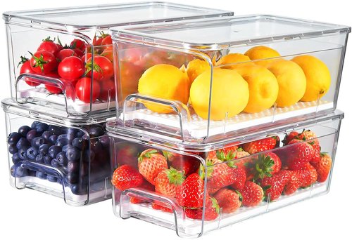 Clear Refrigerator Drawer Organizer Bins by [Brand Name] - 4-Pack Stackable Storage for Fruits, Vegetables & Snacks