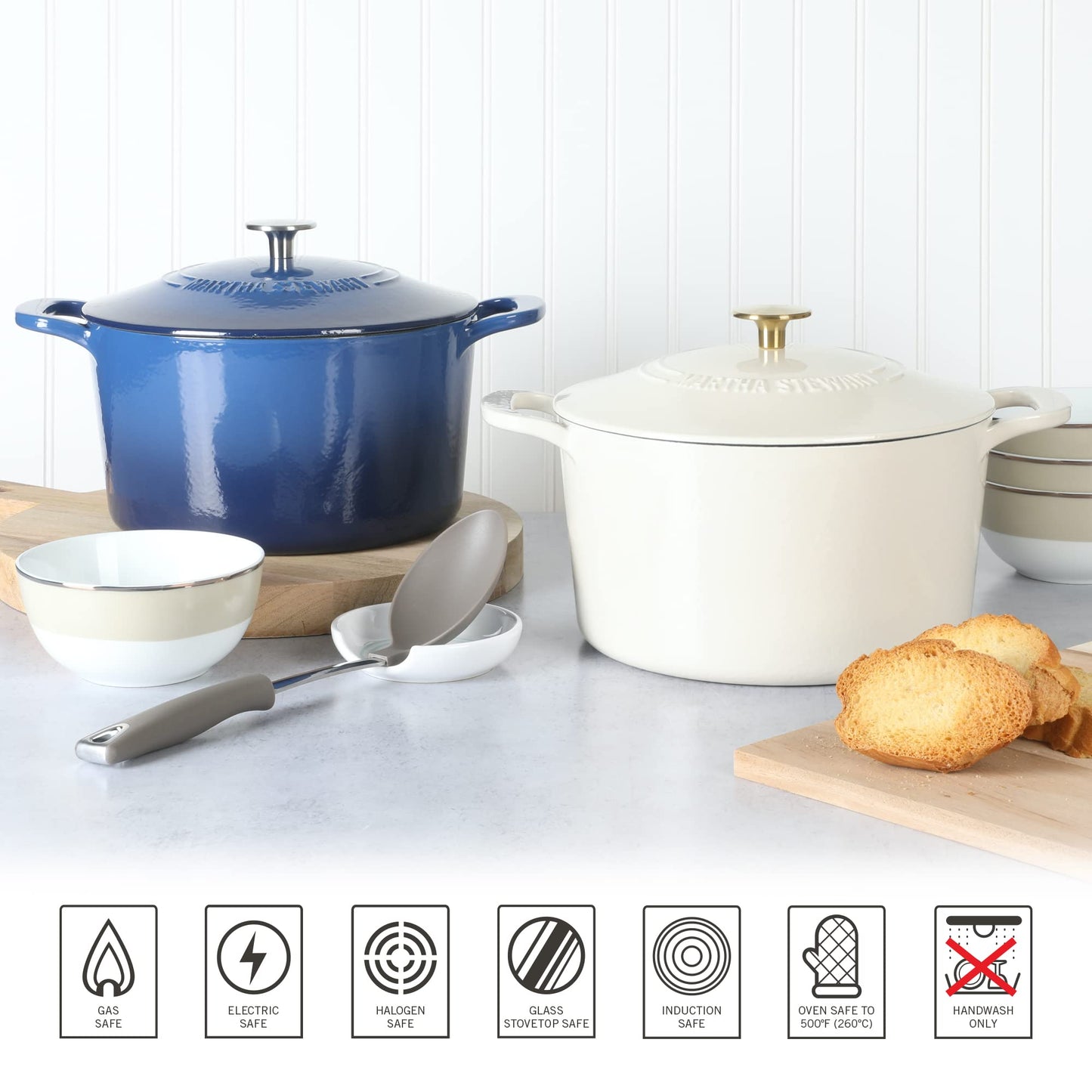 MARTHA STEWART Gatwick 7-Quart Enamel Cast Iron Dutch Oven – Linen White With Gold – Heavy-Duty Dutch Oven for Slow Cooking, Braising & Baking