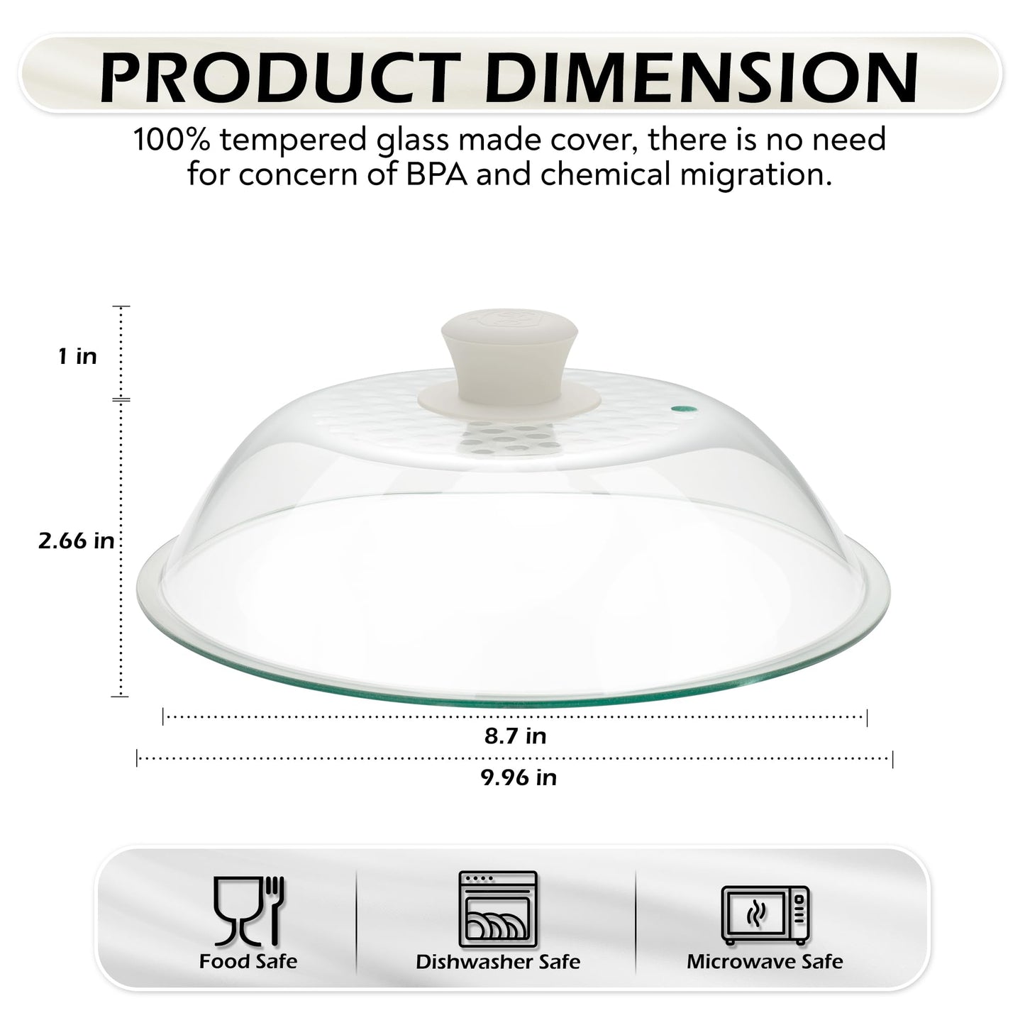 OEC Lighter Weight Tempered Glass Microwave Splatter Cover - 10 inch (Inner Diameter 8.7”) - Heat-Resistant - Durable Glass Lid with Vent, Silicone Knob, Dishwasher Safe, 100% Food Grade - BPA Free