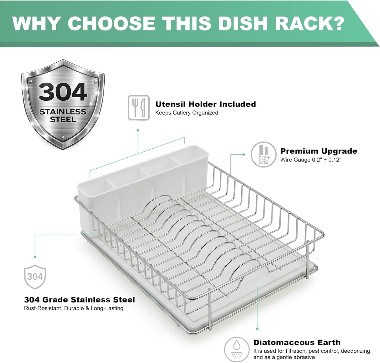 SunnyPoint 304 Stainless Steel Dish Drying Rack - Rust Resistant with Diatomaceous Earth Drainboard & Utensil Caddy | Silvery-Grey