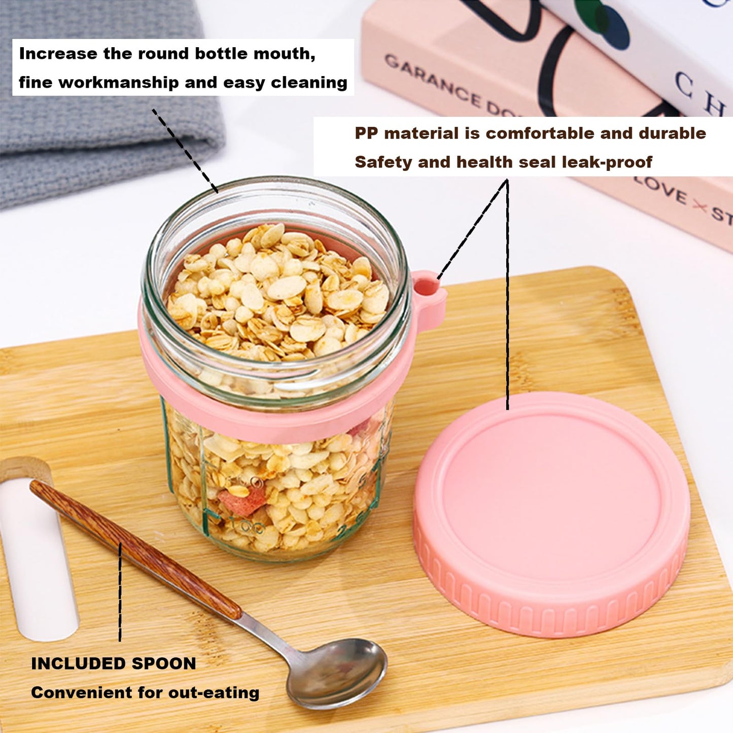 6-Pack overnight oats container, with Lids and Spoons 16 Oz Glass Mason Jars for, Large Capacity Leak Proof overnight oats jars，for Cereals, Fruits, Vegetables, Milk Salads, Yogurt.