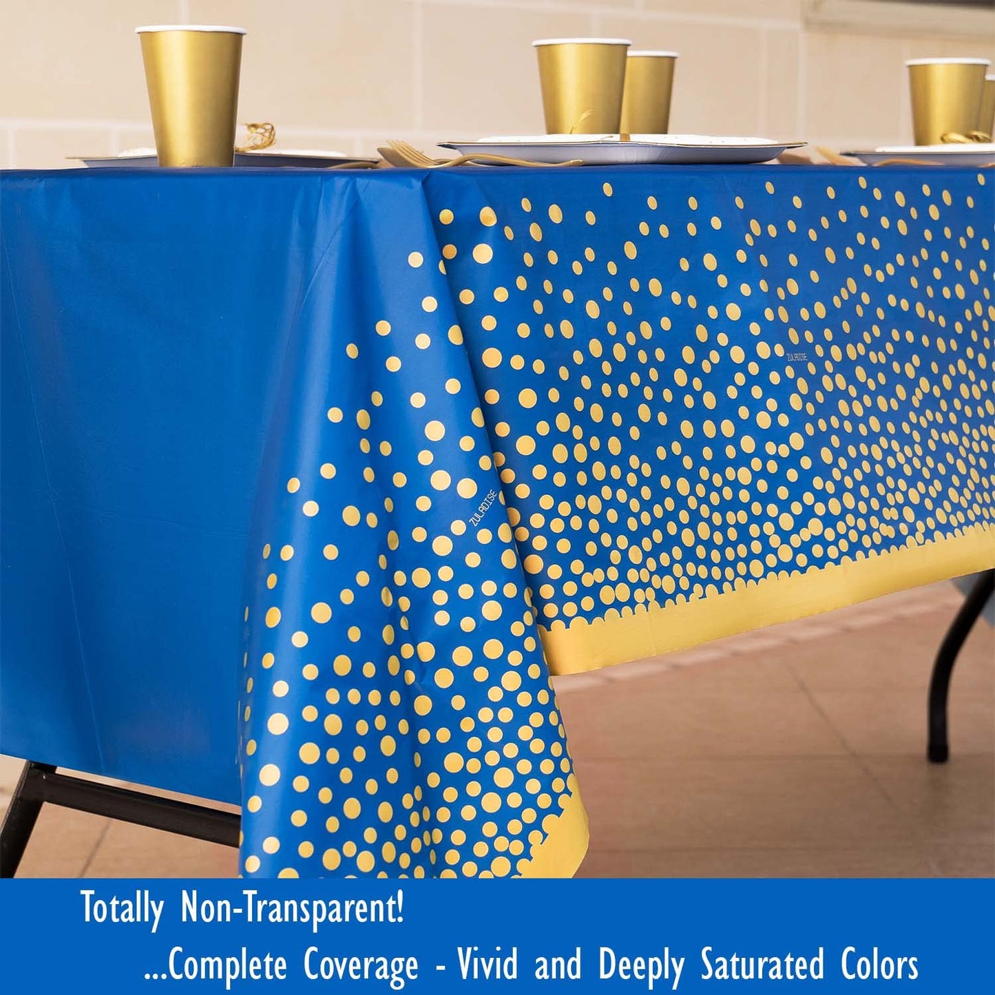ZULADISE 2 Pack Premium Blue and Gold Plastic Tablecloths – Thick, Durable, Reusable Table Covers (54 x 108 in) – Disposable Party Tablecloths for Birthday, Graduation and Event Decorations