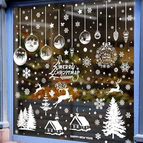 196Pcs White Christmas Tree Snowflakes Reindeer Window Decorations, 9 Sheets Removable Double-Sided Merry Christmas Window Clings Stickers Decals for Winter
