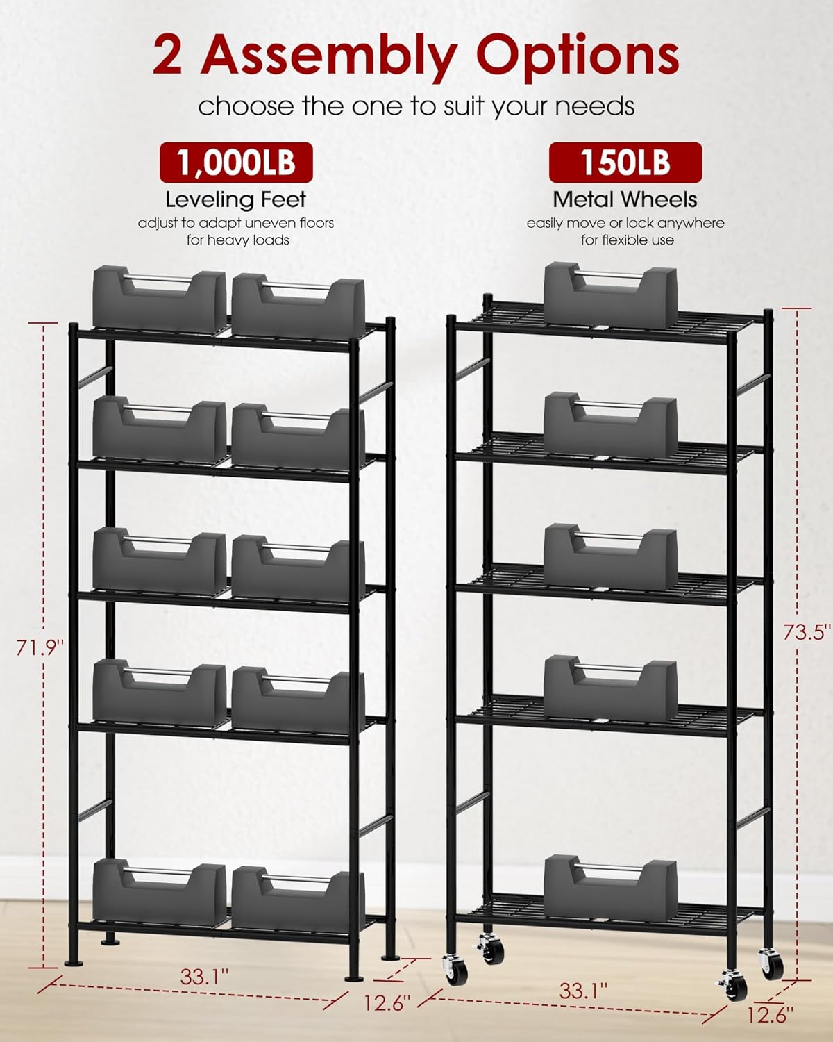 Sakugi Storage Shelves Organizer - Heavy-Duty 5-Tier Metal Shelf with Wheels | Adjustable for Kitchen, Pantry, Closet - 33.1"x12.6"x73.5", Black