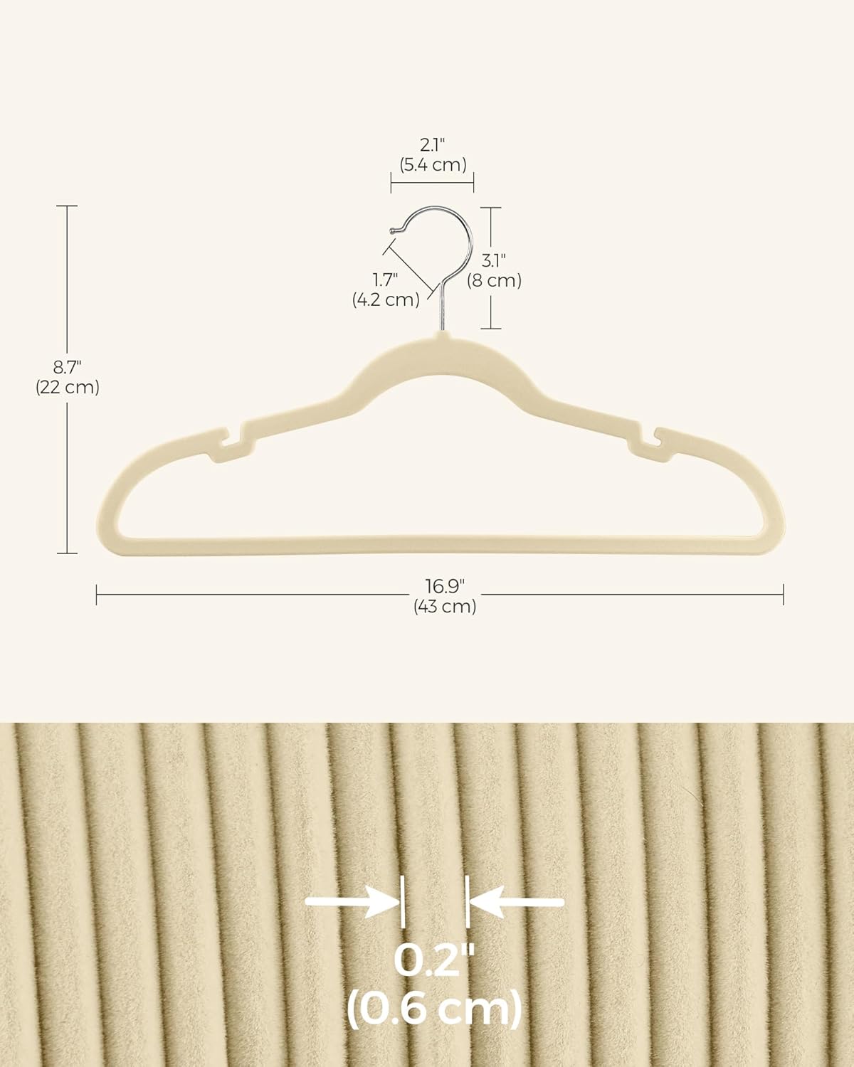 SONGMICS Velvet Hangers - Non-Slip Clothes Hangers with 360° Swivel Hook - 50 Pack, Sand Beige