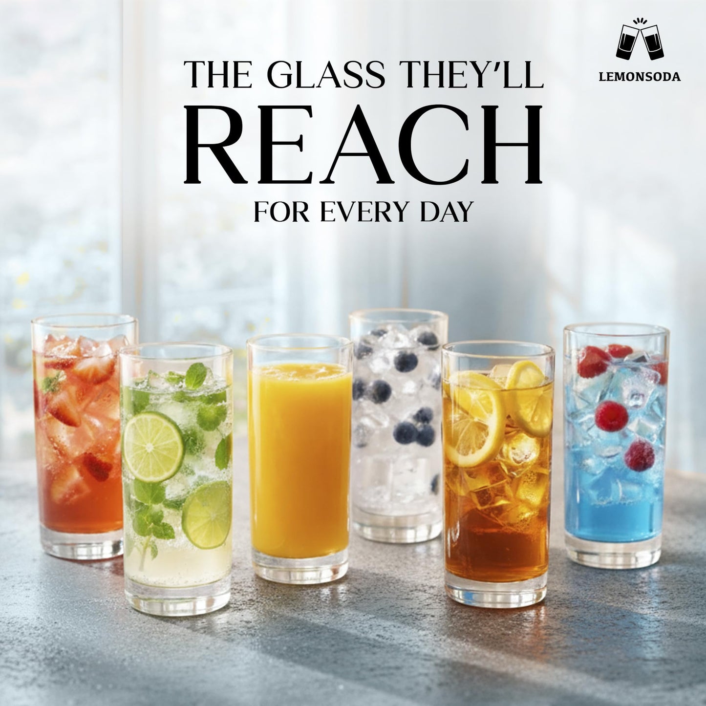 LEMONSODA Premium Highball 12oz/15oz Glass Sets - Elegant Tom Collins Glasses - Tall Water Drinking Glasses - Bar Glassware for Mojito, Whiskey, Cocktail (15oz, Set of 6)