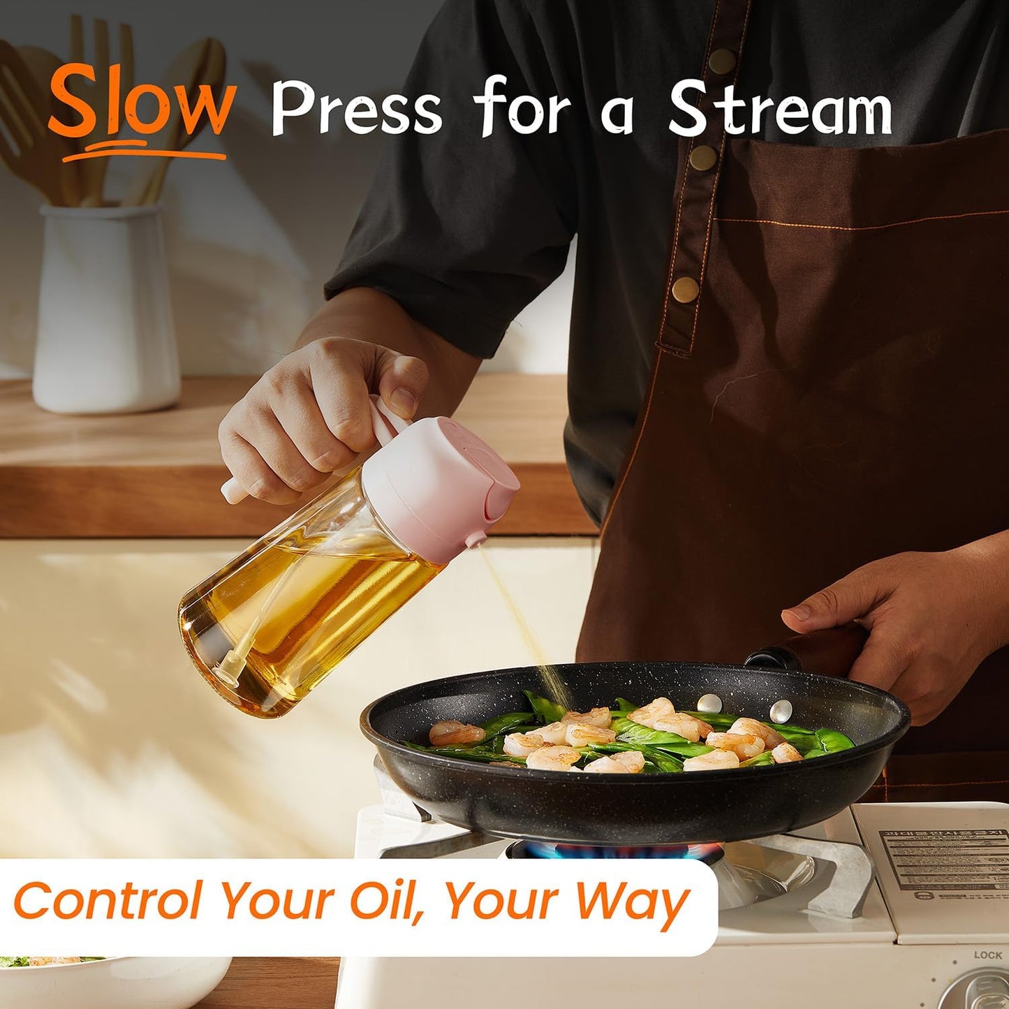 TrendPlain Glass Olive Oil Sprayer - 2-in-1 Dispenser for Cooking, Air Fryer & BBQ - 16oz Peach