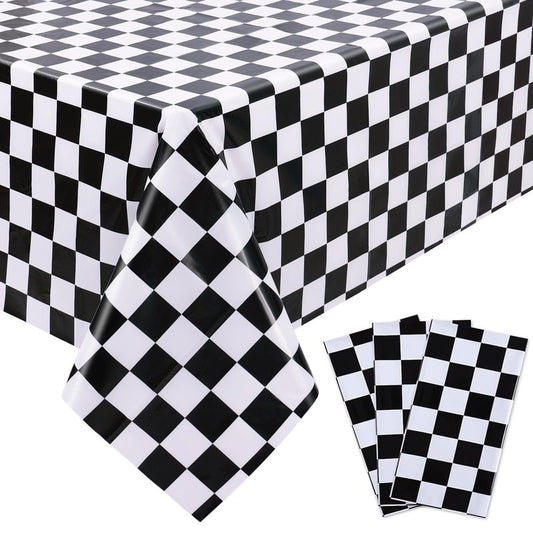 Kesfey 12 Packs Black and White Checkered Tablecloths 54 x 108 Inches Disposable Plastic Checkered Flag Racing Table Cover Waterproof Rectangle Race Car Table Cloth for Picnic Party Retro Celebration