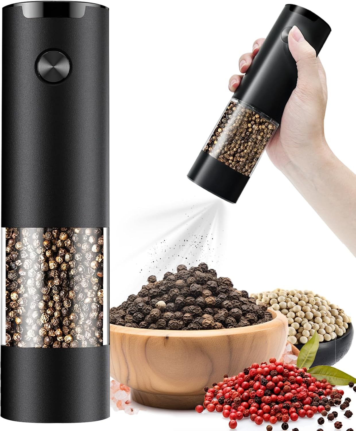 Skiennix Electric Pepper & Salt Grinder - Adjustable Coarseness, LED Light, One-Handed Operation | Black