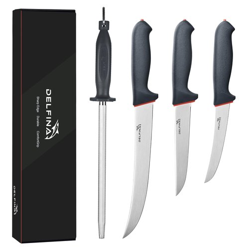 DELFINA 4 PCS Butcher Knife Set, German 1.4116 Steel Blade For Meat Cutting Skinning Boning Trimming, Non-Slip Softgrip & Incl. 10" Sharpener Rod