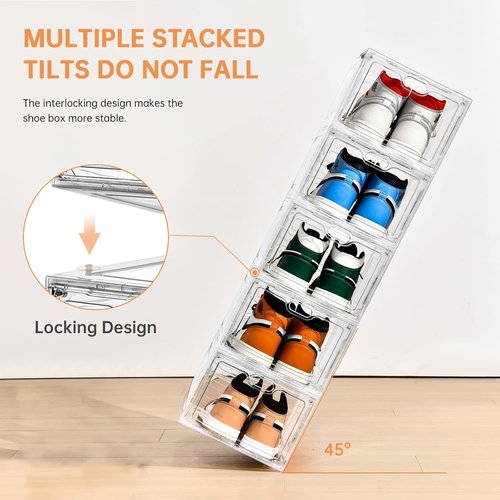 INSTY Large Shoe Storage Box - 12 Pack Clear Organizer with Magnetic Door | Stackable Design for Sneakers, Fits US Size 12