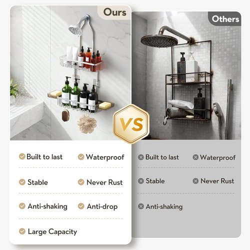 Aluminum Shower Caddy by [Brand Name] - Rust-Free Hanging Organizer with Hooks & Soap Holder | Bright Silver