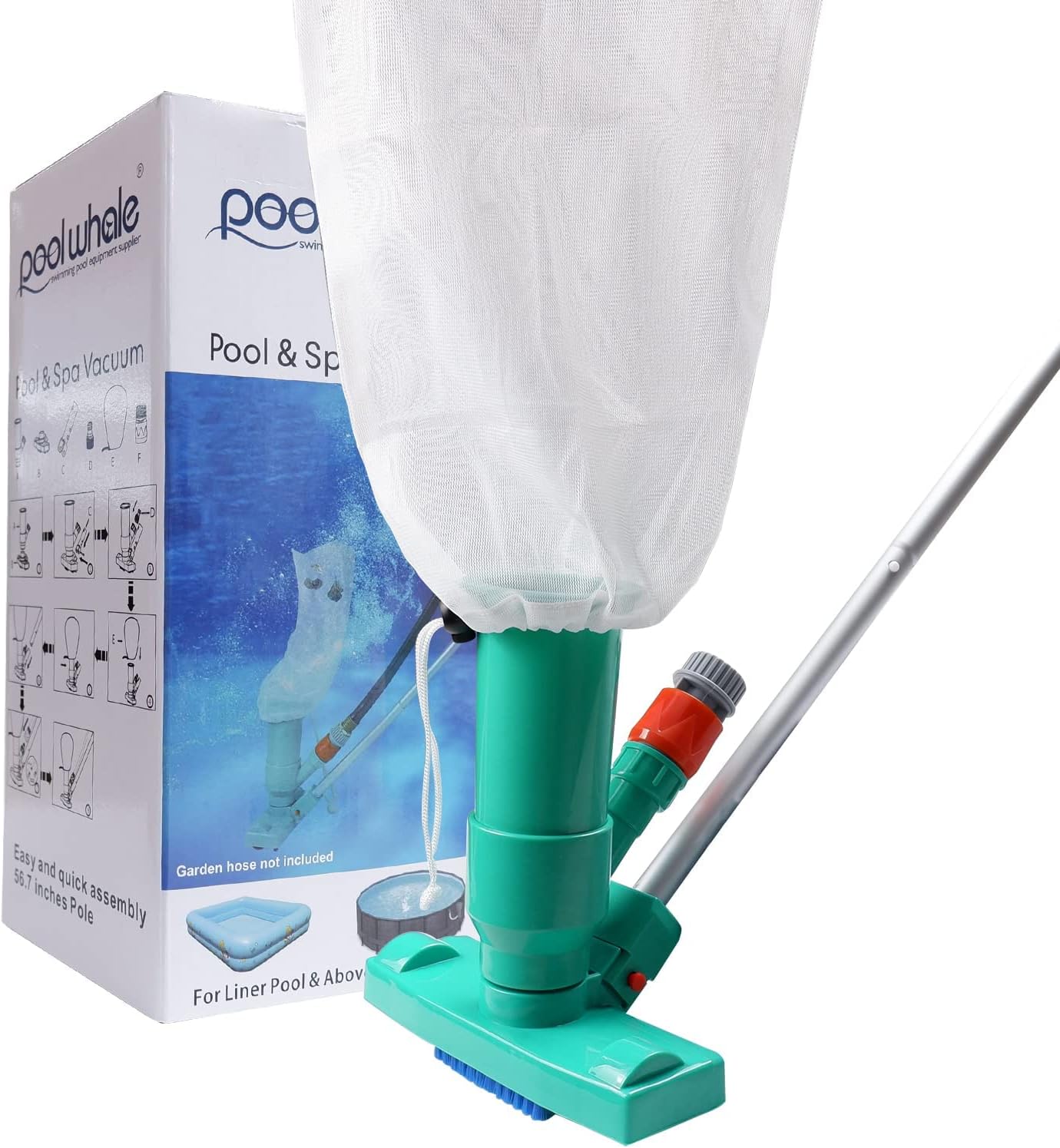 POOLWHALE Portable Pool Vacuum - Jet Underwater Cleaner with Brush & 6-Section Pole (56.5") for Above Ground Pools, Spas & Fountains