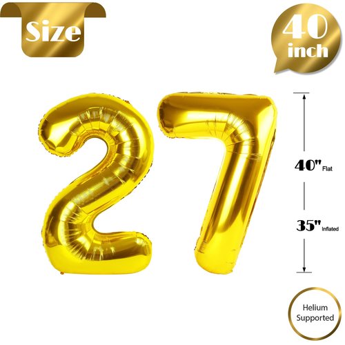 Gold Number 27 Balloon 40 inch, 27 Number Balloons, 27th Gold Birthday Decorations, 27 Year Old Women Men Golden Party Supplies