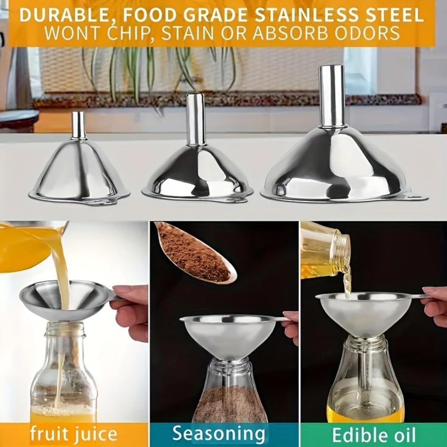 Skiennix Stainless Steel Funnel Set - 3 Sizes for Easy Kitchen Filling | Food Grade Mini Funnels