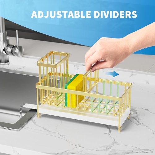 Cisily Sponge Holder - Rustproof 304 Stainless Steel Kitchen Sink Caddy Organizer | Gold, 9.25”