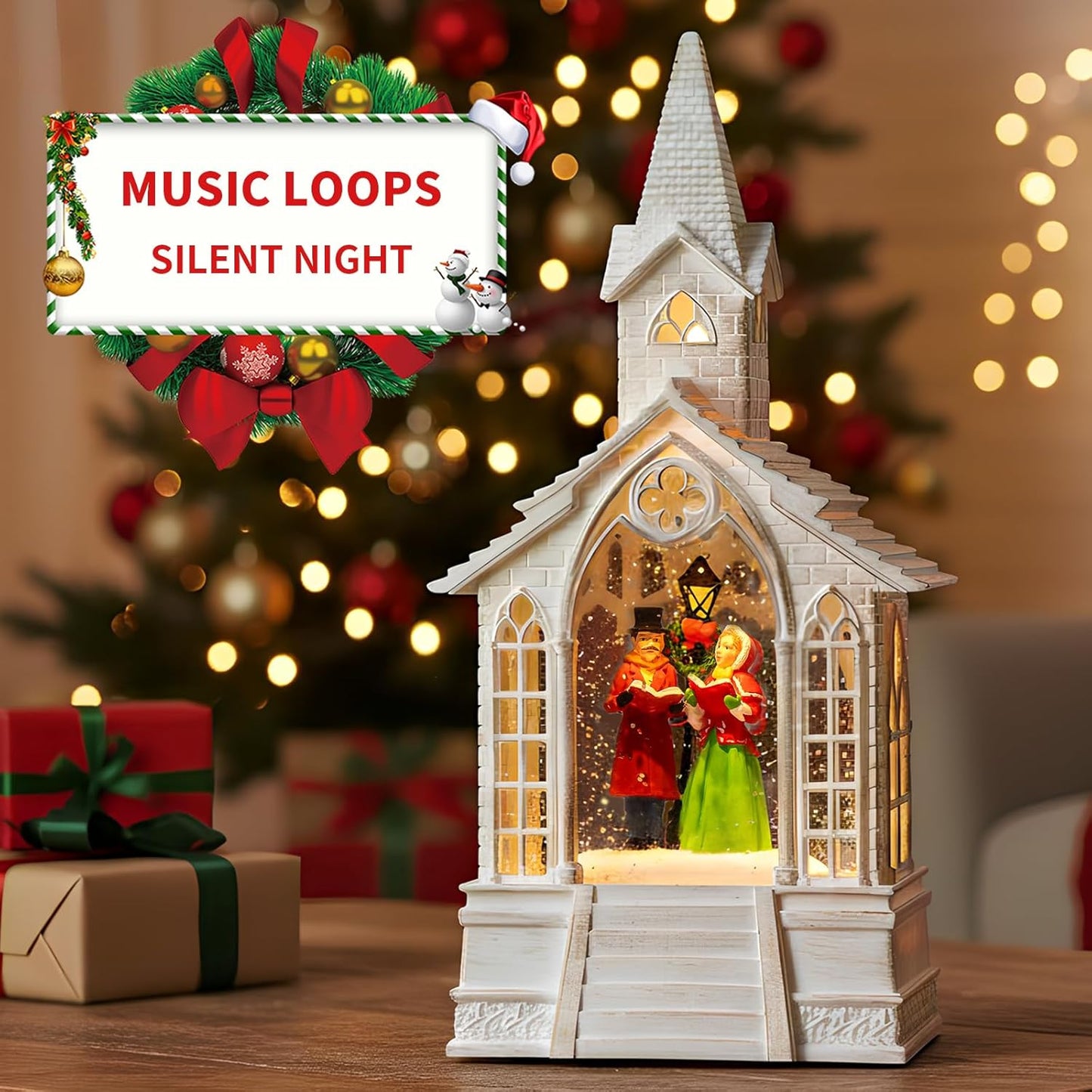 Skiennix Christmas Village Snow Globe - Church Choir Water Lantern with Silent Night Music | Holiday Gift for Family & Friends