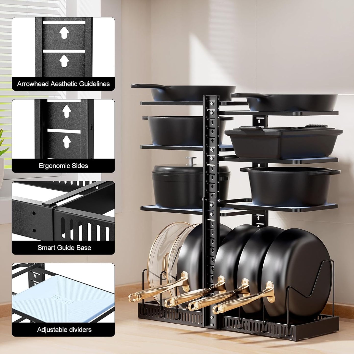 LAMU Pots and Pans Organizer - Expandable Under Cabinet Storage with 6 Adjustable Tiers | Holds 12 Cast Iron Cookware, Black