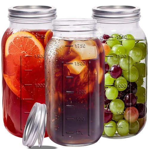 eleganttime 64 oz Mason Jar Wide Mouth 3 Pack,Large Half Gallon Mason Jar with Airtight Lid,Big 1/2 Gallon Big Mason Jars for Canning,Pickling, Fermentation and Preservation