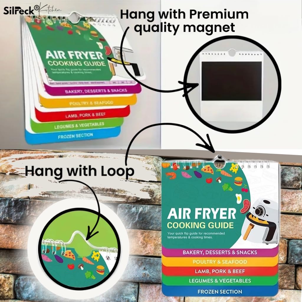 Silreck Air Fryer Cheat Sheet Magnetic Cooking Guide Booklet I Fridge-Ready Air Fryer Magic: Cookbook with Hanging Loop & Magnet (Multi Colour), SCG001