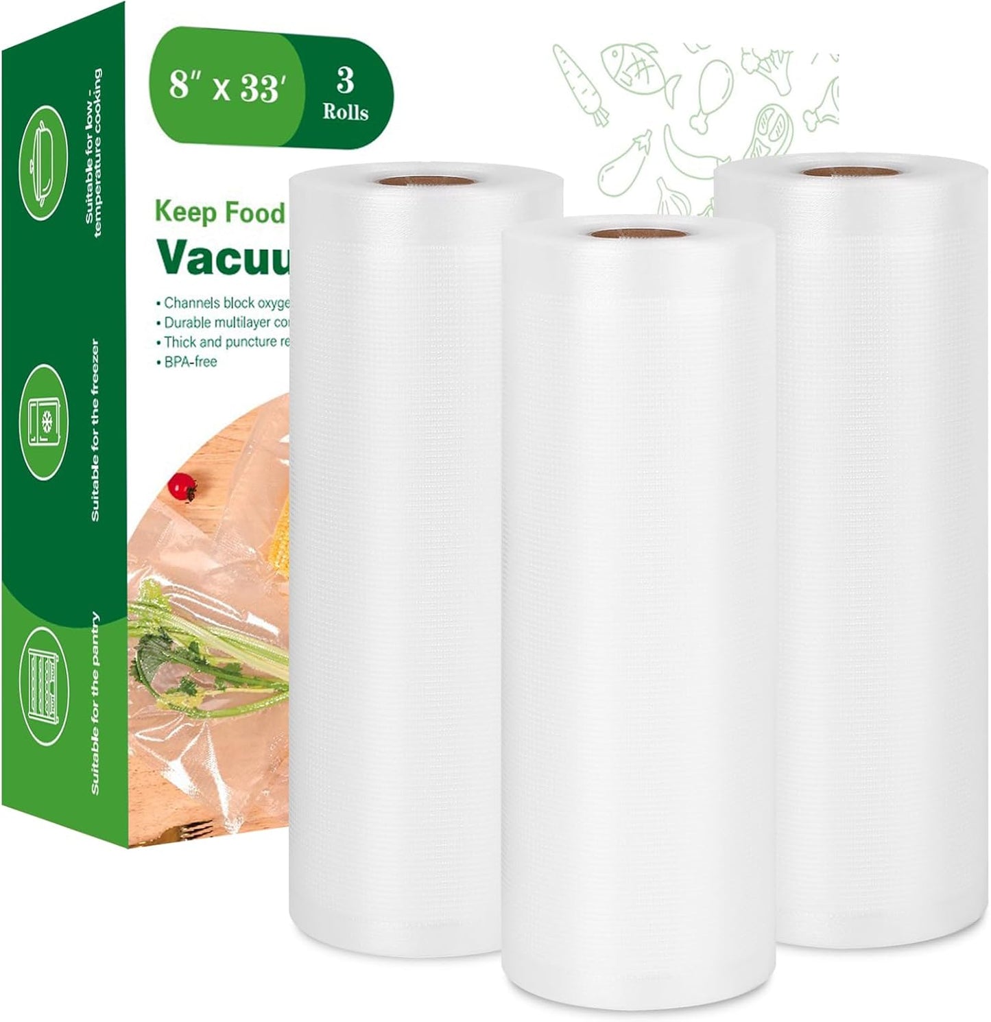 Moretoes Vacuum Sealer Bags - 3 Rolls of 8" x 33' BPA-Free Food Storage Bags for Sous Vide & Meal Prep