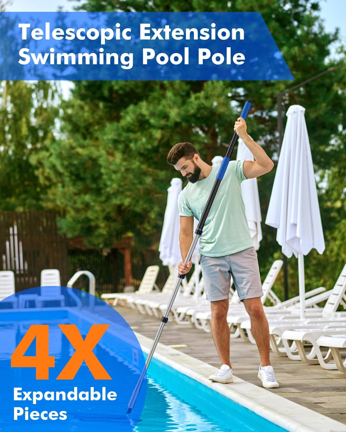 Skiennix Telescopic Pool Pole - 16FT Heavy Duty Aluminum for Above Ground & Inground Cleaning Supplies