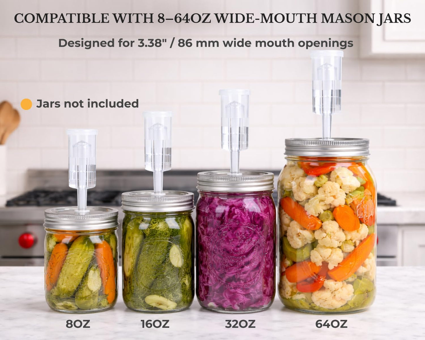 Jillmo Fermentation Lids for Wide Mouth Mason Jars, Stainless Steel Auto Venting Fermenting Lid Kit with Airlocks & Silicone Grommets for Pickles, Kimchi & Sauerkraut, 4 Pack, No Jars Included