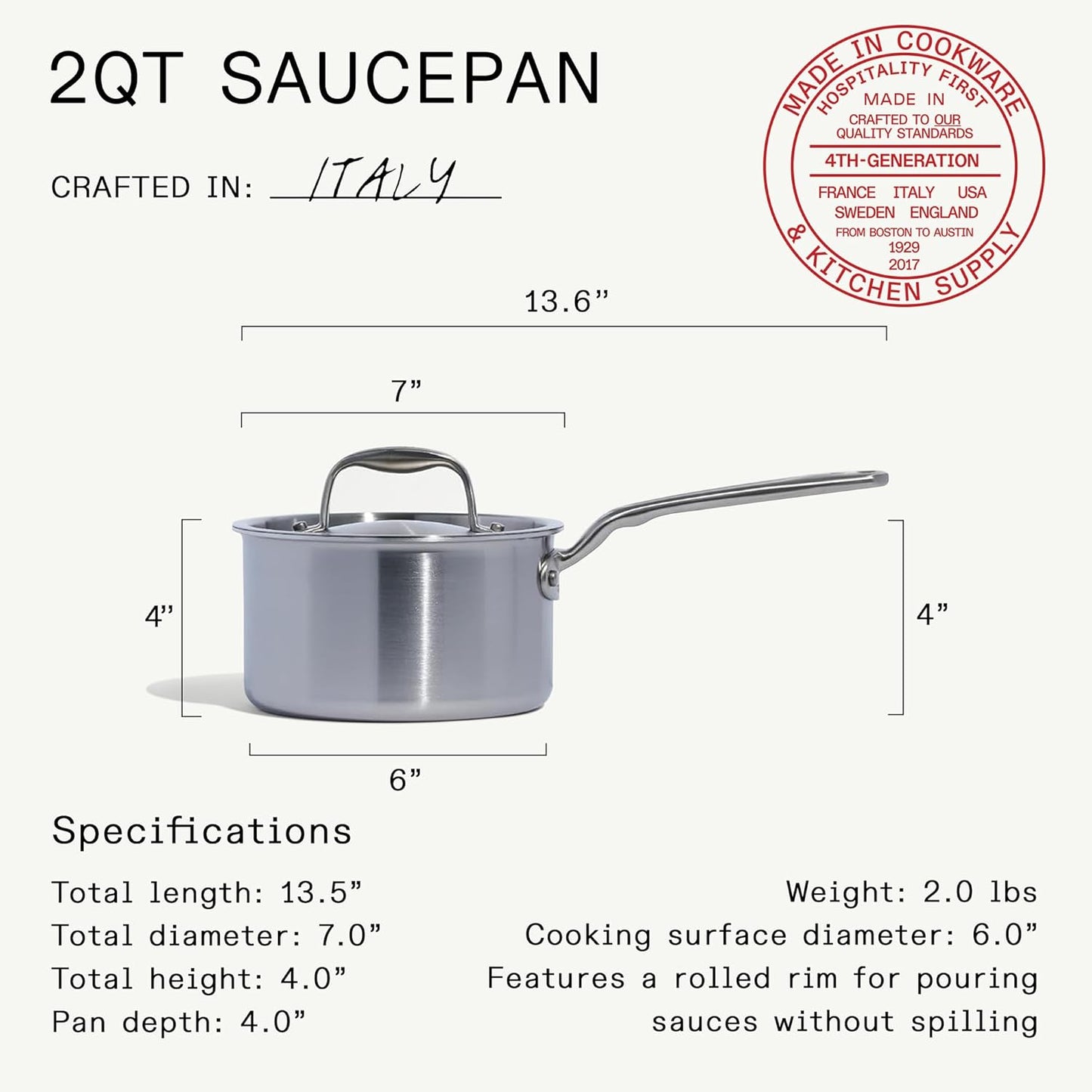 Made In Cookware - 2 Quart Stainless Steel Saucepan with Lid - Professional 5 Ply Induction Compatible Cookware