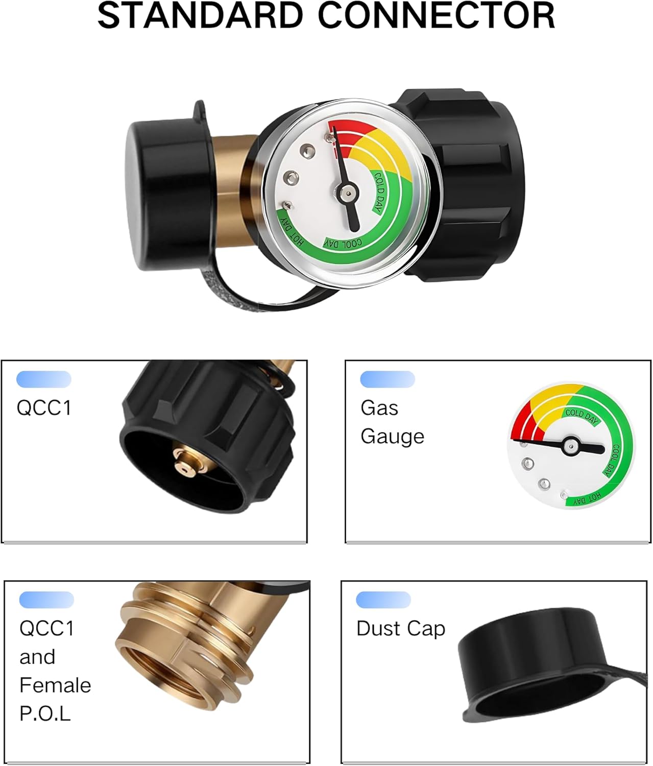 Propane Tank Level Indicator Gauge - Universal QCC 1/Type 1 Connection | Brass Construction for 5-40 lb Tanks