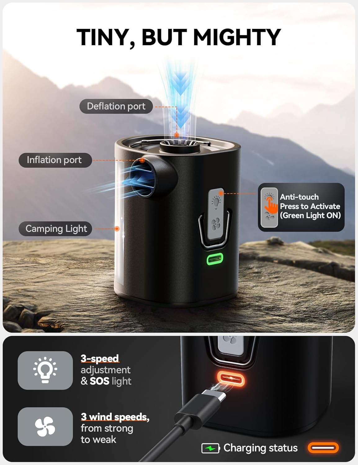JOYROOM Portable Air Pump - 3600 mAh Battery & Camping Light | Ultra-Fast 4.8kPa Electric Inflator