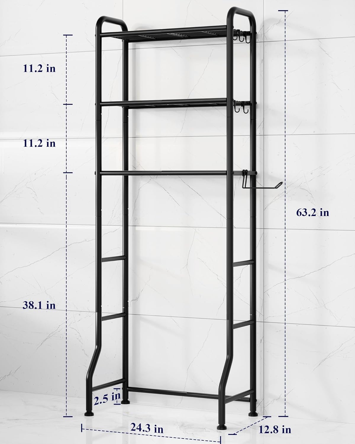 Kitsure Over Toilet Storage Rack - Metal Bathroom Organizer Shelf with Paper Holder & Hooks | Black, 3 Tiers (63.2" H)