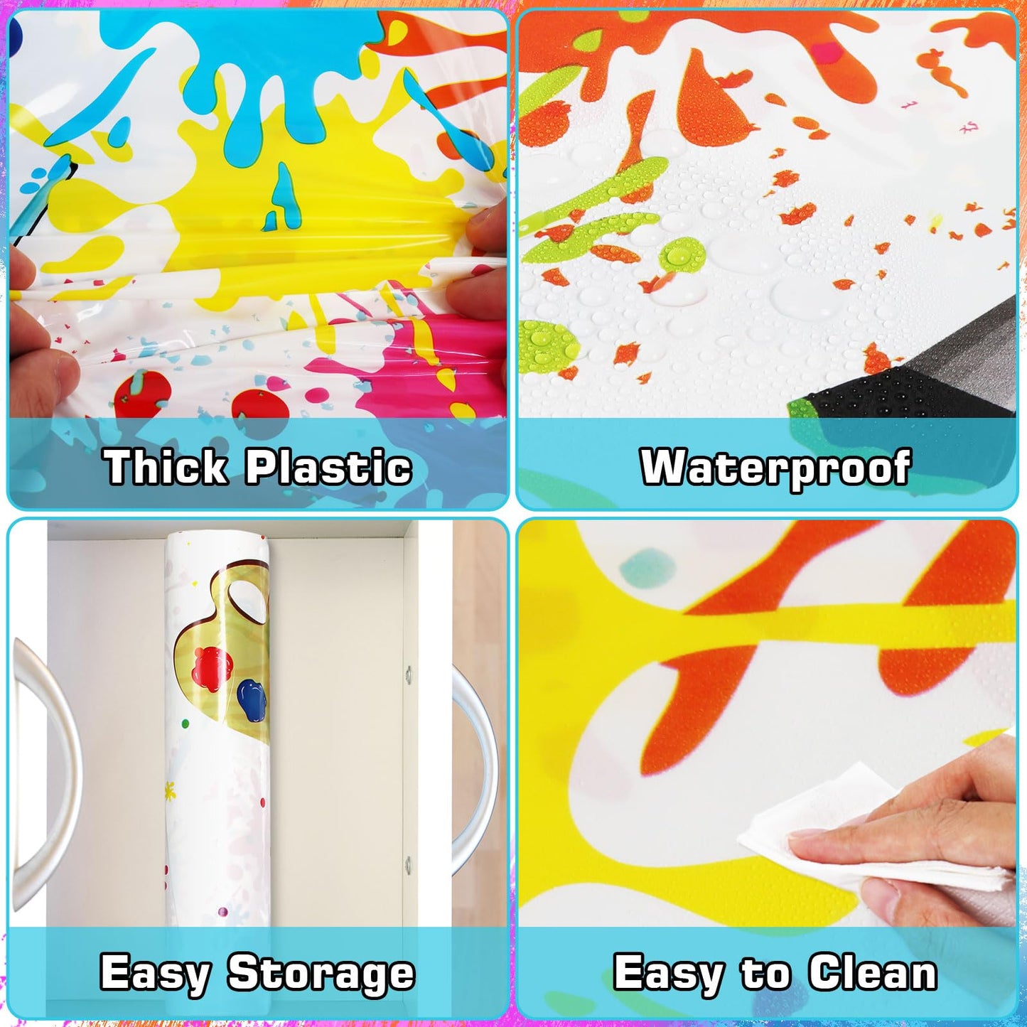 Summer Paint Splatter Tablecloth Decoration 52 in x 100 Ft Art Paint Birthday Party Tablecloth Roll Art Party Summer Plastic Table Cover for Indoor Outdoor Events Family Parties and Celebrations
