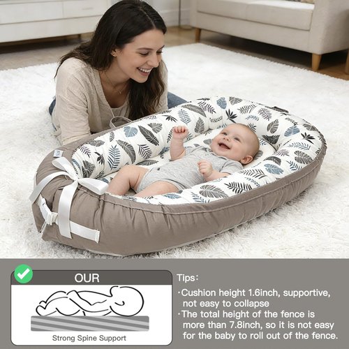Infant Support Cushion - Reversible & Adjustable Baby Tummy Time Mat | Portable, Soft, Washable Cover | Grey Leaves