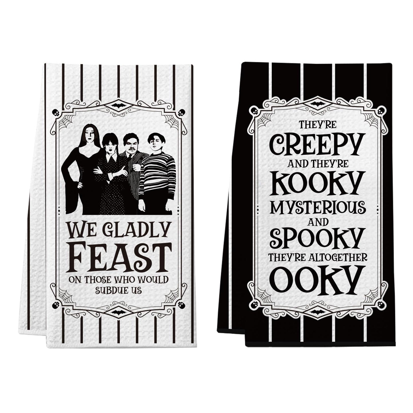 Cheroloven Halloween Kitchen Towels, Funny Addams Family Hand Towels, 2 Pack Gothic Dish Towels， Spooky Home Bathroom Decor Party Favors, Addams Family Merch Gifts for Women Men