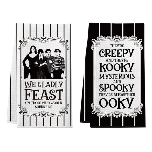 Cheroloven Halloween Kitchen Towels, Funny Addams Family Hand Towels, 2 Pack Gothic Dish Towels， Spooky Home Bathroom Decor Party Favors, Addams Family Merch Gifts for Women Men