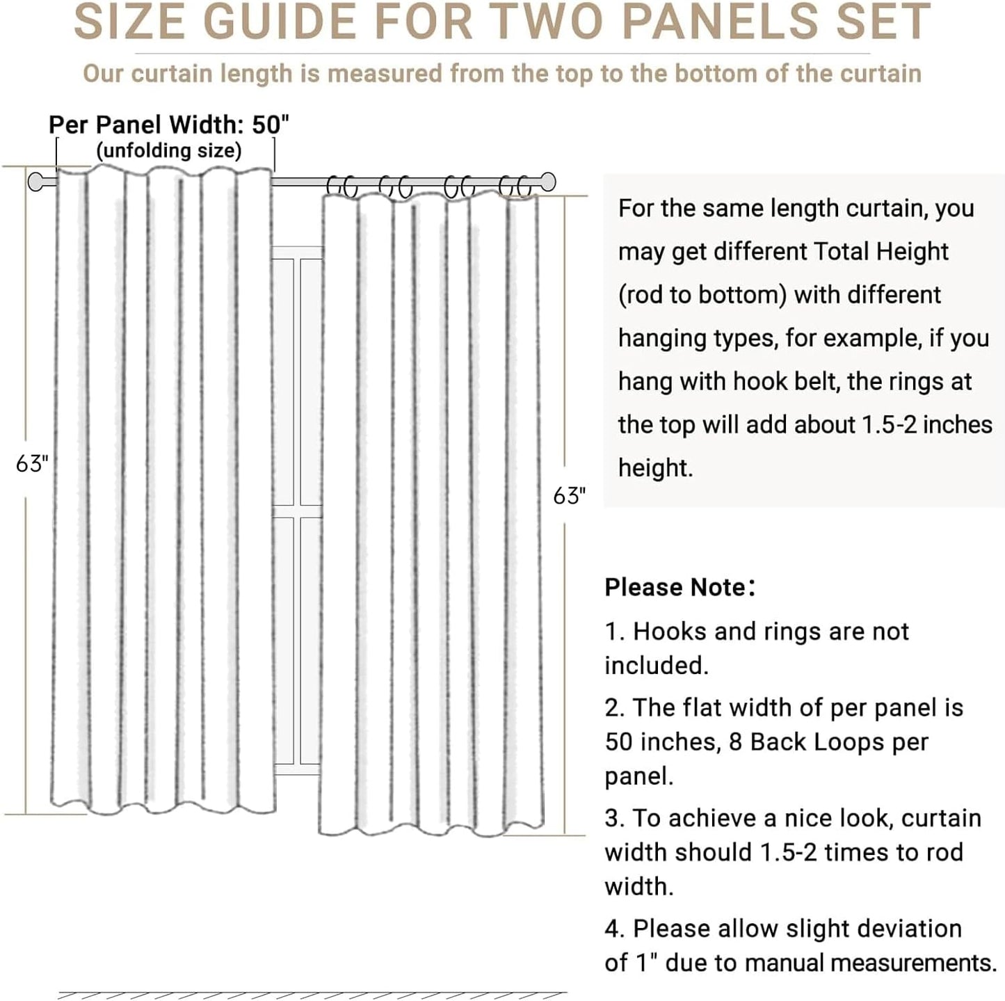 100% Blackout Shield Blackout Curtains - Thermal Insulated 2 Panels Set, 50" W x 63" L, Bright White