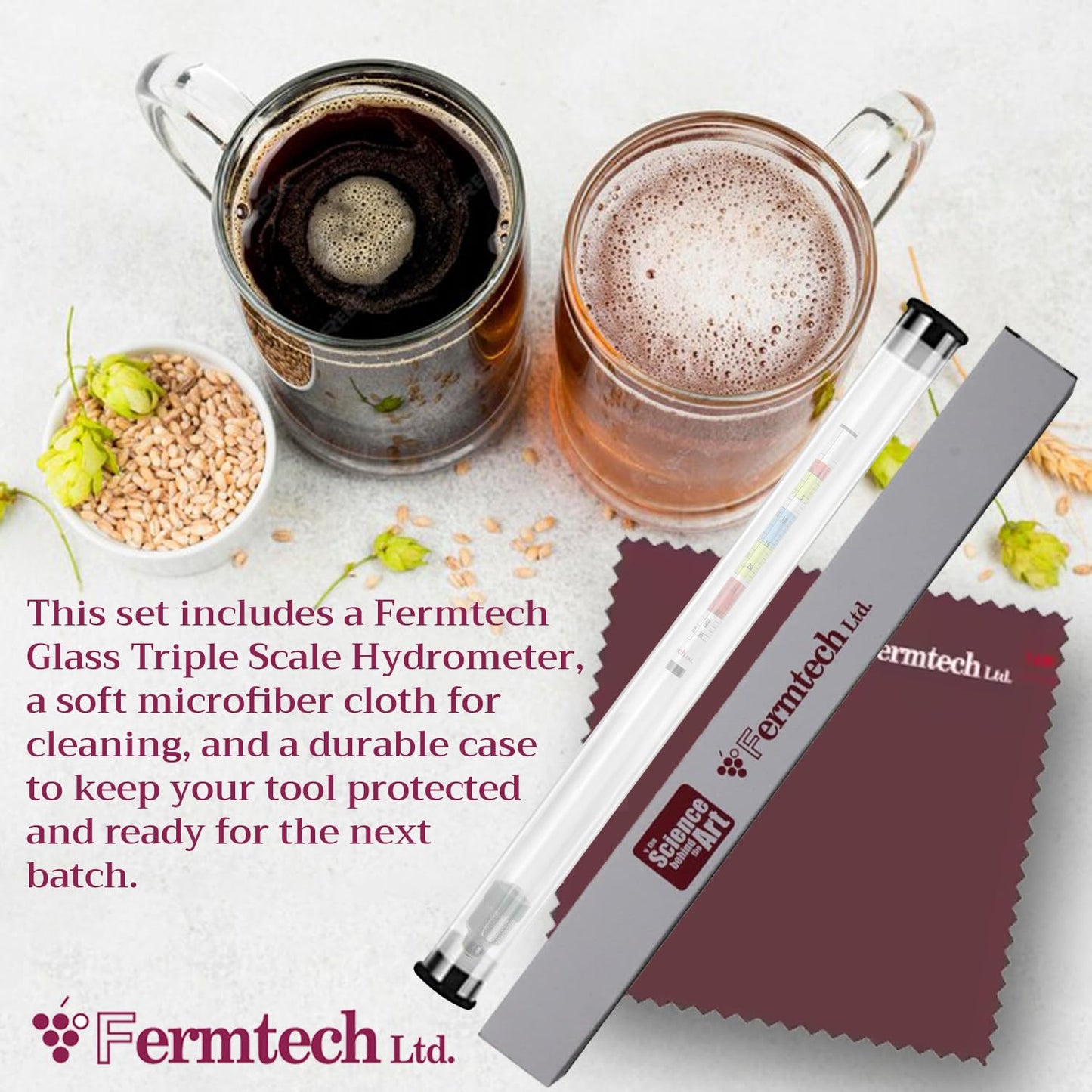 Fermtech Glass Triple Scale Hydrometer Kit – Test ABV, Brix, Gravity for Wine, Beer, Mead & Kombucha, with Microfiber Cloth & Storage Case, Easy Home Brewing Tool for All Experience Levels (Hydro)