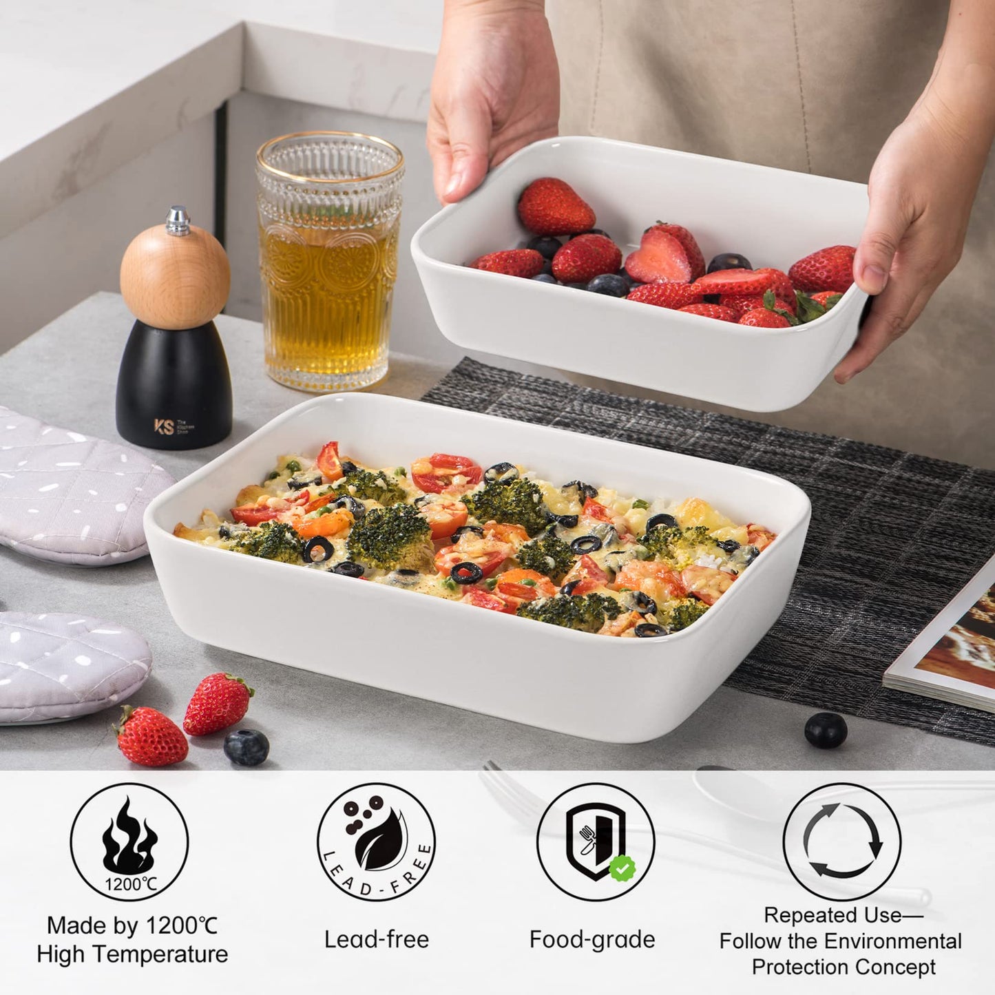 UNICASA Ceramic Oven Dishes, Set of 3 Lasagne Dishes 1000/2000/3500 ML, Rectangular Casserole Dishes, Non-Stick Reactive Glaze, White Casserole Oven