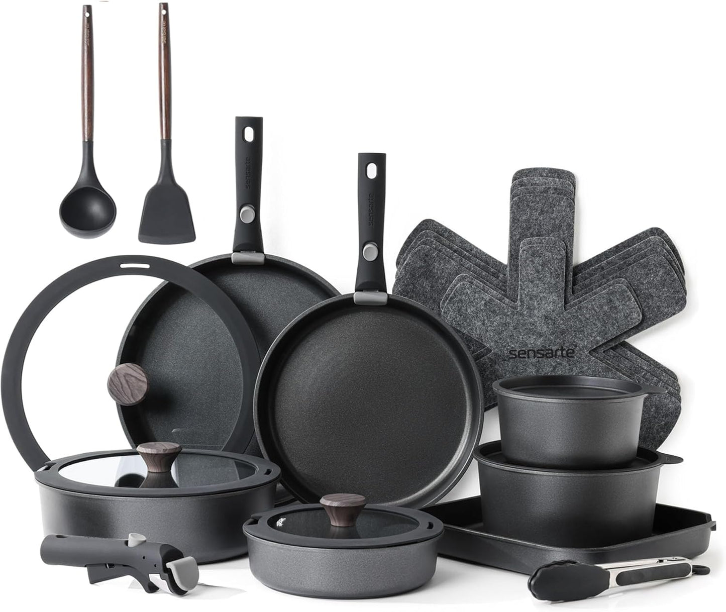 SENSARTE 24-Piece Nonstick Cookware Set - Detachable Handle, Induction & Oven Safe | Black